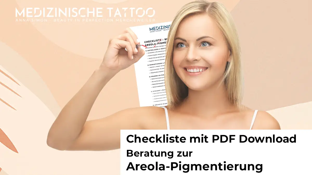 Checkliste: Beratung zur Areola-Pigmentierung Checkliste Beratung Areola-Pigmentierung – Klemmbrett mit Häkchen, minimalistische Illustration
