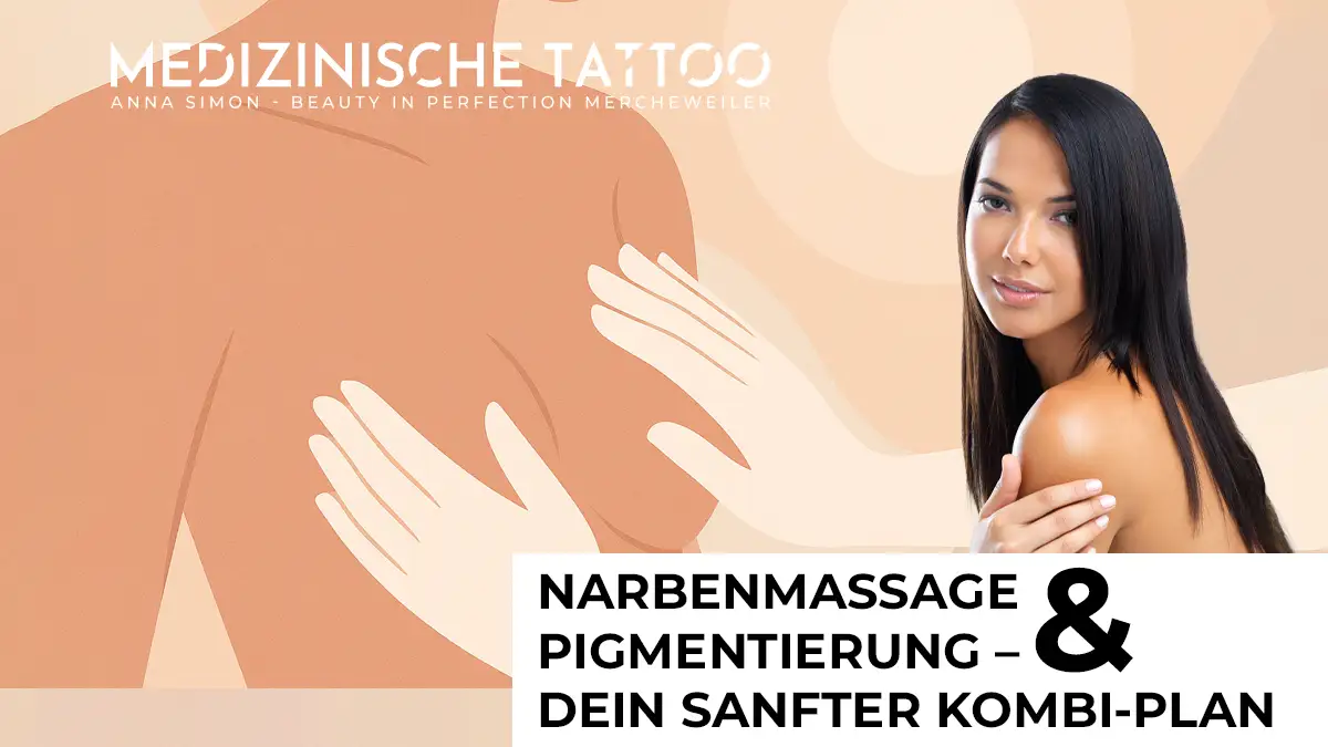 Narbenmassage nach Pigmentierung – sanfter Kombi-Plan Narbenmassage nach Pigmentierung – zwei sanfte Hände und weiche Wellen als Symbol